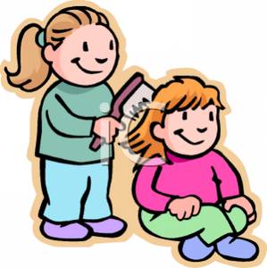 Sister Combing Her Younger Sisters Hair   Royalty Free Clipart Picture