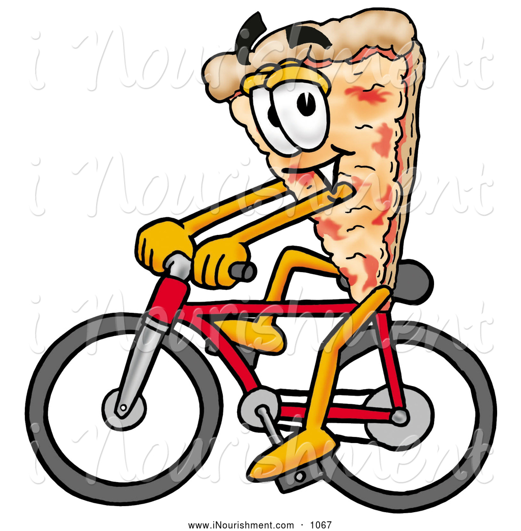Clipart Of A Sporty Slice Of Pizza Mascot Cartoon Character Riding A    
