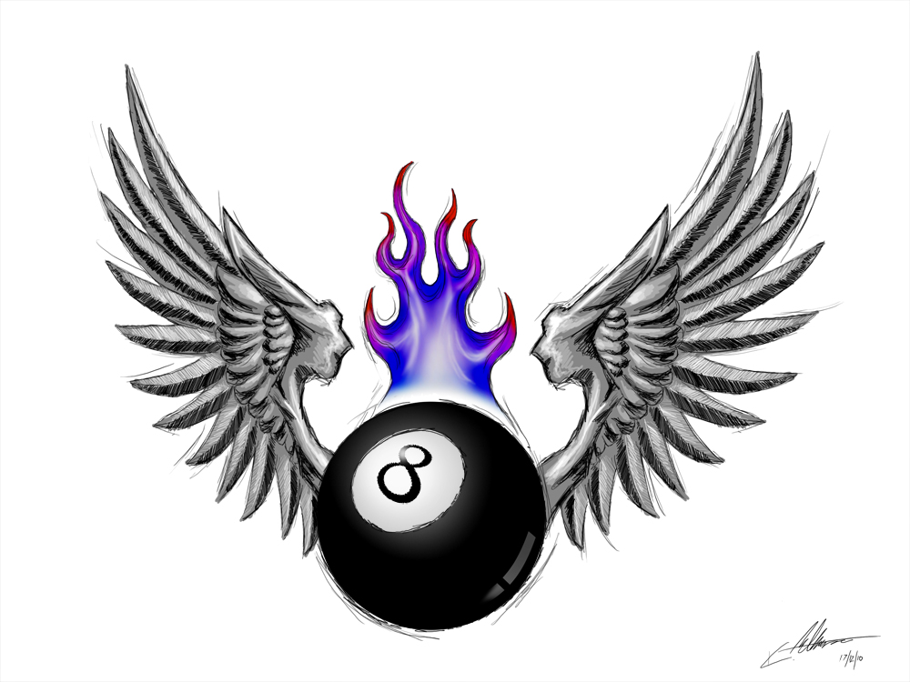 Winged Flaming 8 Ball Tattoo Design Pictures