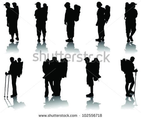 Children In Baby Backpack Silhouettes With Shadow Vector   Stock
