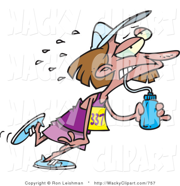 Clipart Of An Exhausted Brunette Female Marathon Runner Drinking Water    