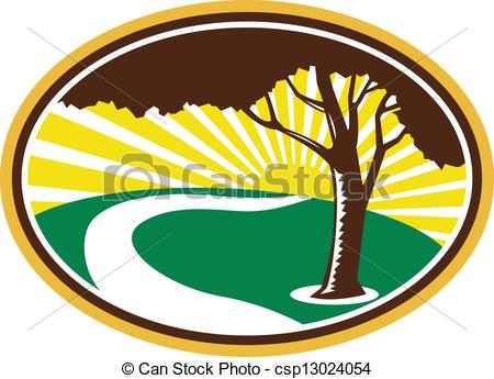 Illustration Of A Pecan Tree Silhouette With Winding River Stream And