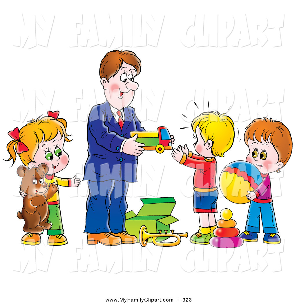 Clip Art Of A Father Giving Toys And Gifts To His Children On White By