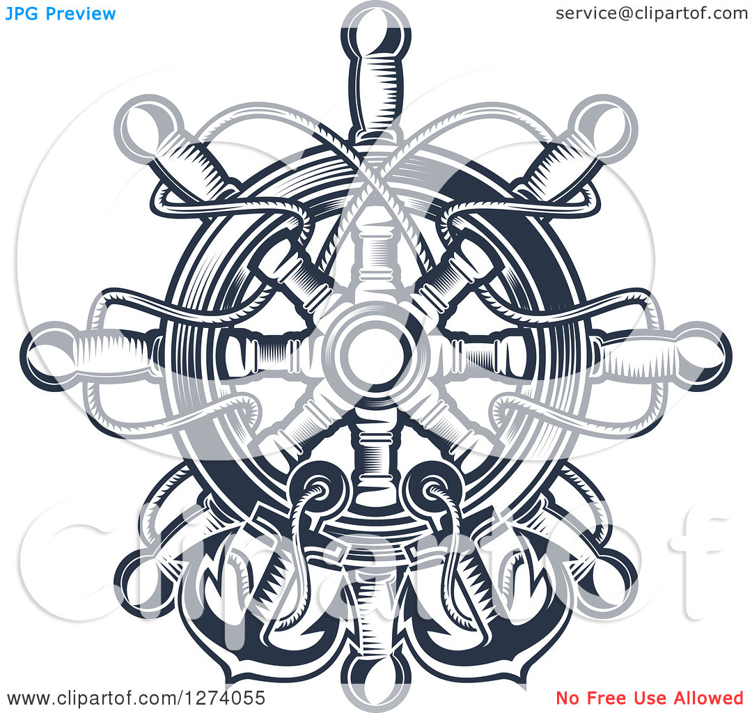 Clipart Of Navy Blue Nautical Anchors Rope And A Helm   Royalty Free
