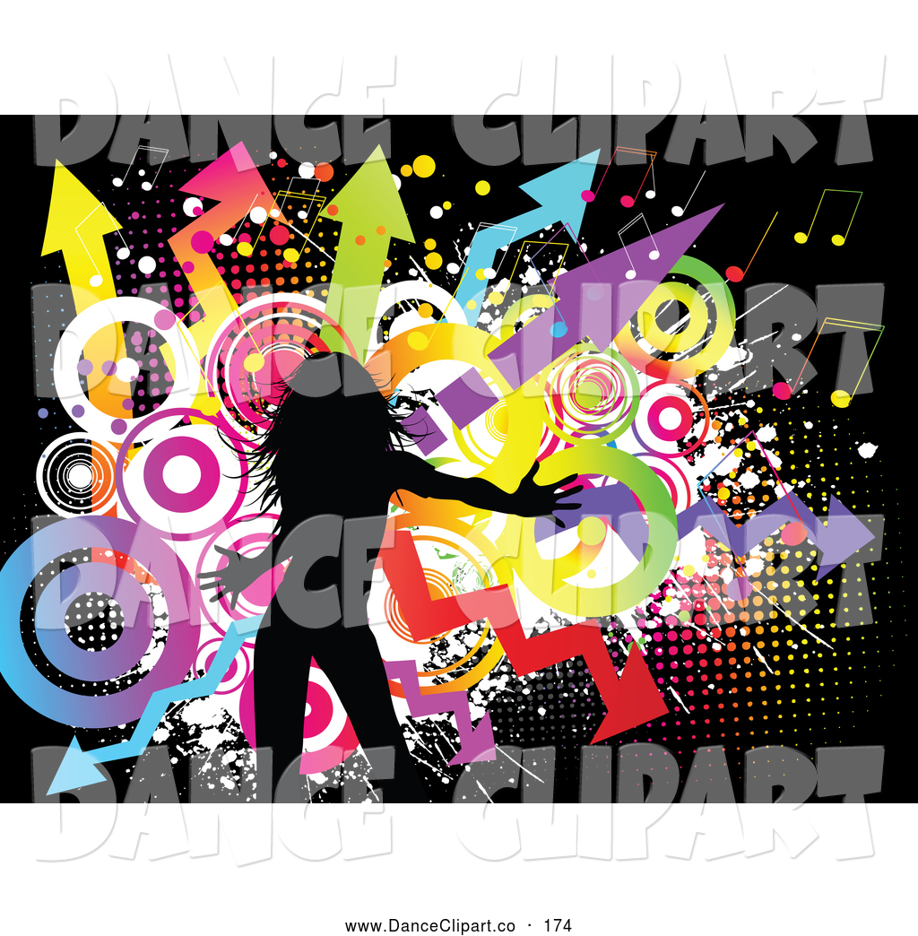 Grunge Background Of Colorful Circles Music Notes And Arrows On Black