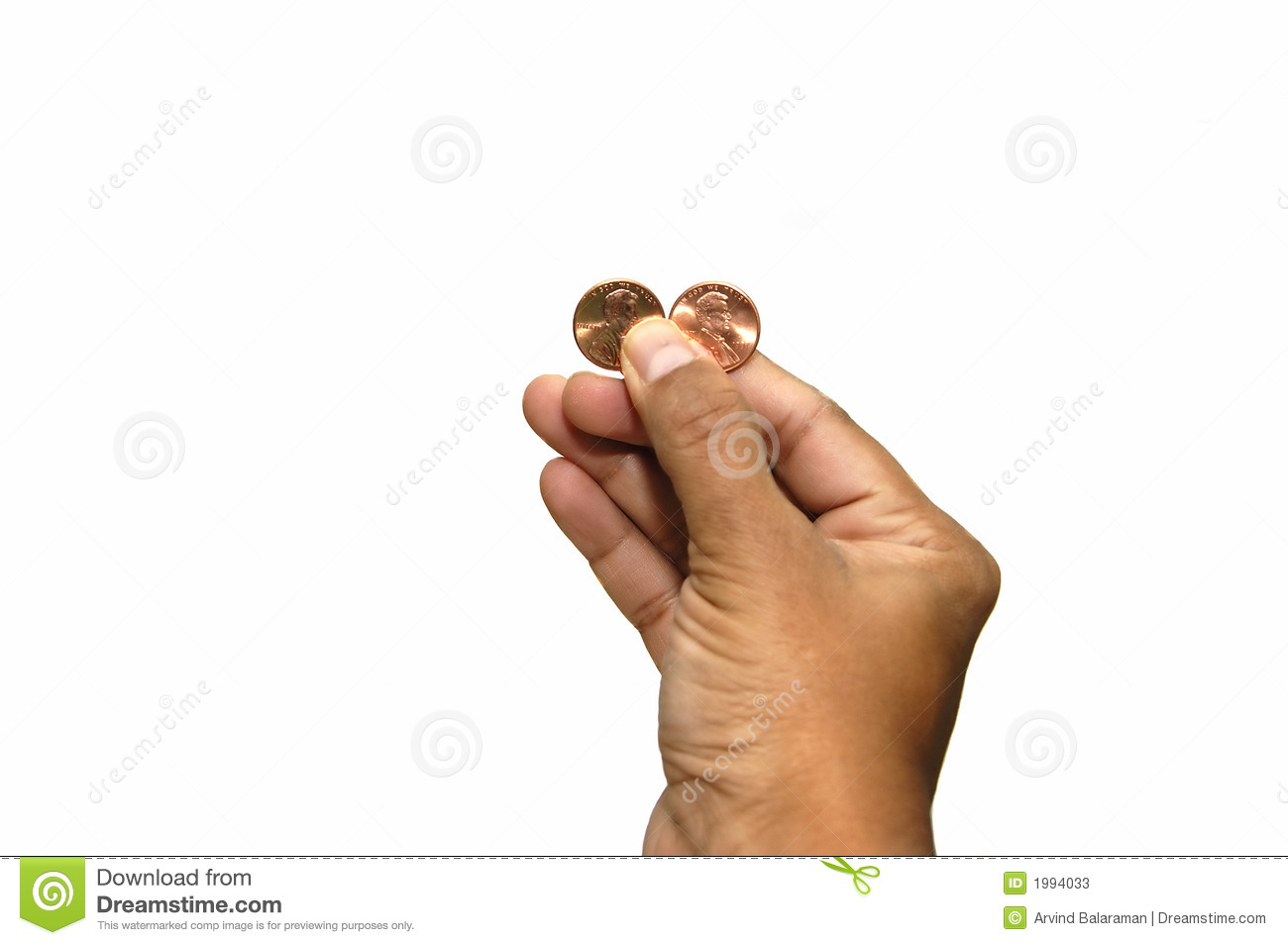 Hand Holding Two Cents Isolated Against A White Background
