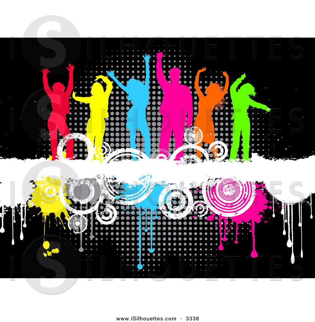 Silhouette Clipart Of A Line Of Six Colorful Silhouetted Men And Women