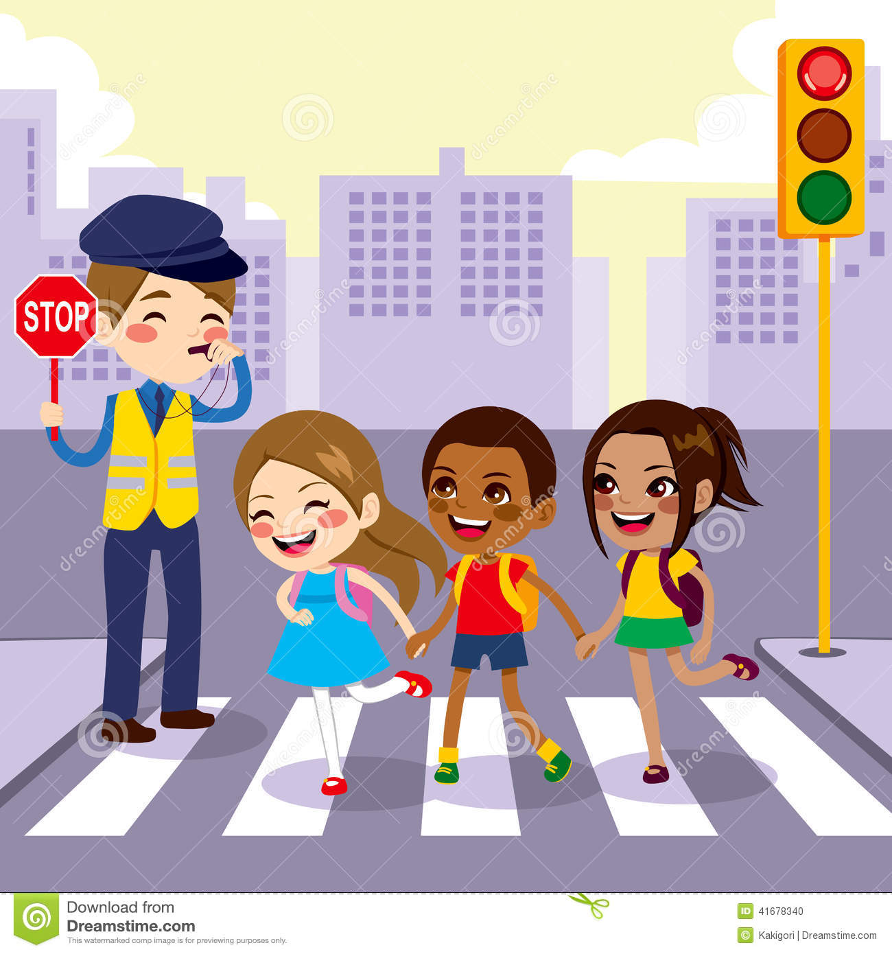Children Students Crossing Street Walking Through Pedestrian Crossing