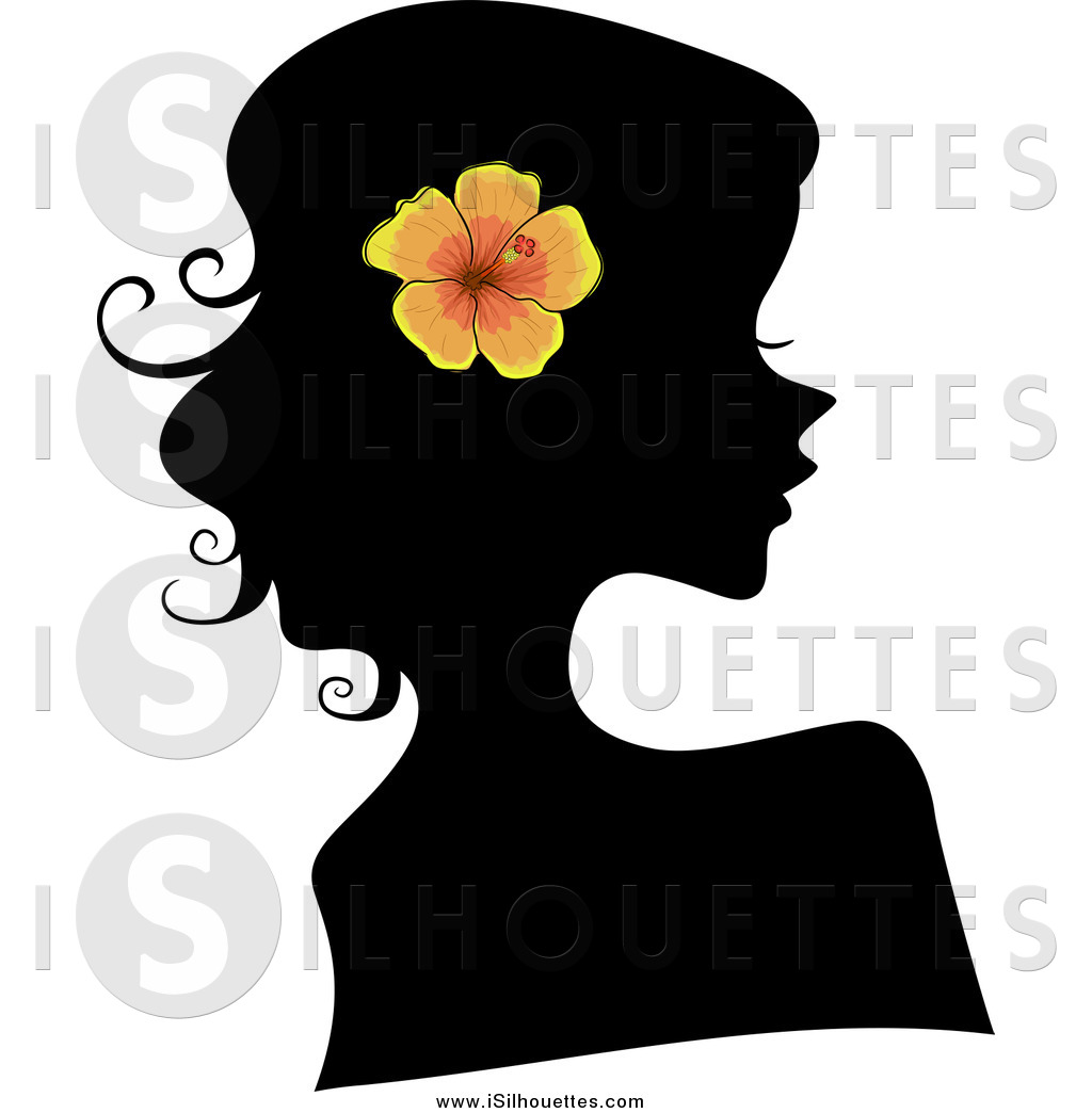 Clipart Of A Black Silhouetted Woman Wearing An Orange Hibiscus Flower
