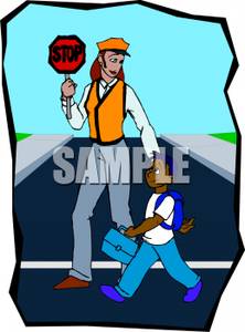 Crossing Guard Helping A Child Cross The Street   Royalty Free Clipart