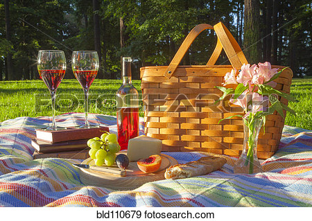 Stock Photograph   Wine Fruit Cheese And Bread At Picnic  Fotosearch