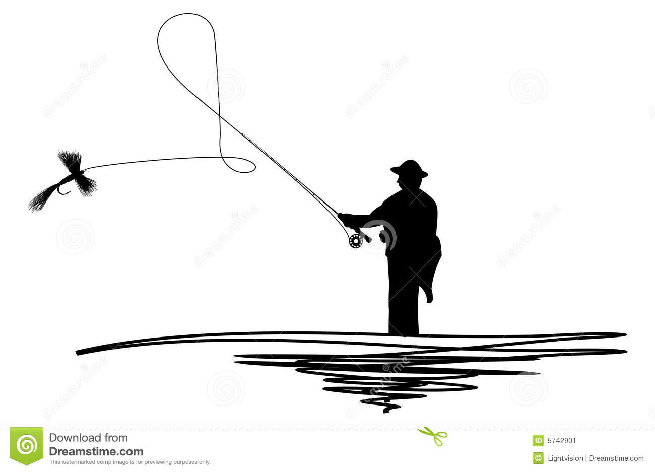 Cartoon Illustration Of A Silhouetted Man Casting A Fishing Fly
