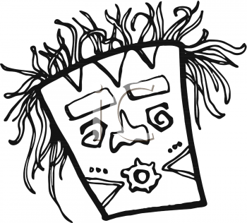 Royalty Free Clipart Image  Black And White Tiki Mask With Wild Hair