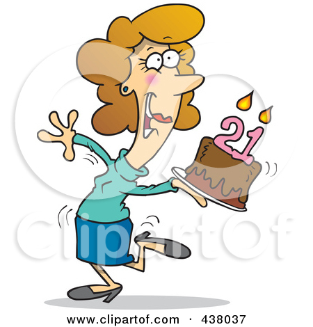 Cartoon Happy Woman Carrying A Birthday Cake With 21 Candles    By Ron