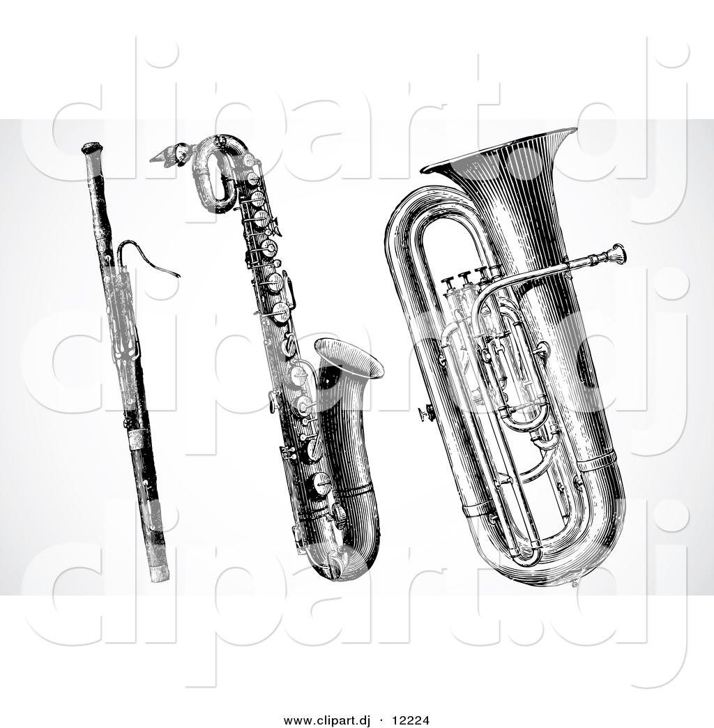 Clipart Of A Clarinet Saxophone And Tuba   Digital Black And White