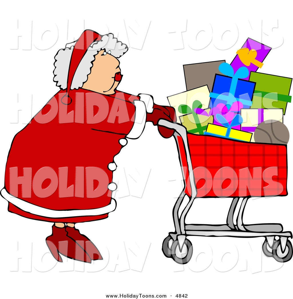 Free Holiday Clipart Of Acaucasian Mrs  Claus Pushing A Shopping