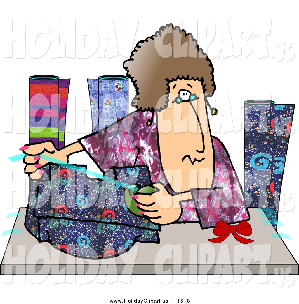 Holiday Clip Art Of A Caucasian Woman Gift Wrapping Presents At A