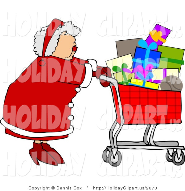 Holiday Clip Art Of A Mrs  Santa Clause Pushing A Shopping Cart Full