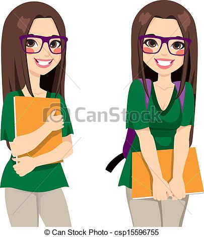 Clipart Vector Of Cute Nerdy Girl Student   Cute Teenage Girl Student