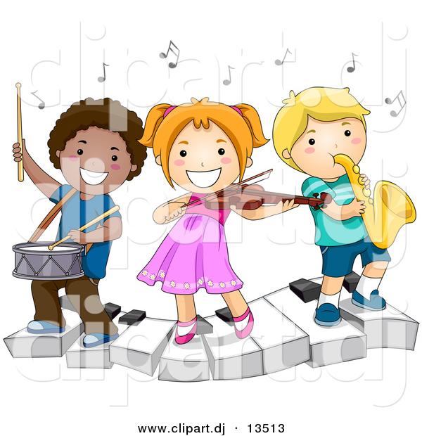 Vector Clipart Of A Happy Kids Playing Instruments On A Keyboard
