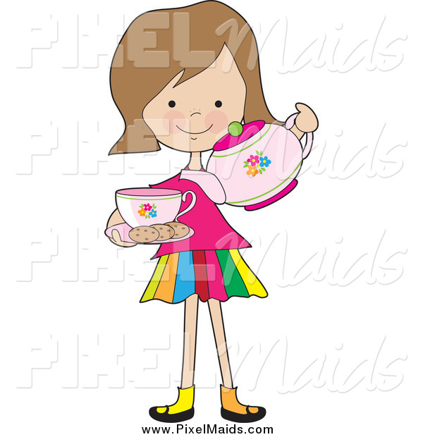 Clipart Of A Little Girl Pouring Tea With Cookies By Maria Bell
