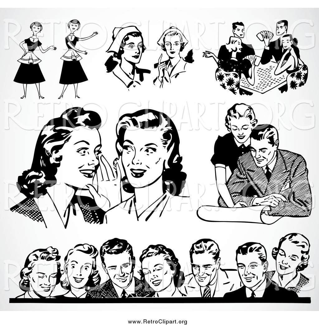 Clipart Of Retro Black And White Men And Women Over Shading By