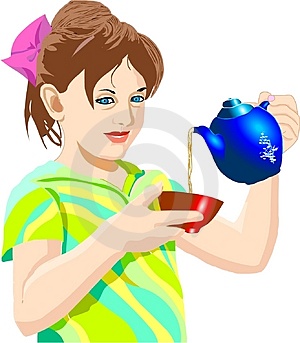 Digital Illustration Of A Girl Pouring Tea Painted In The Computer