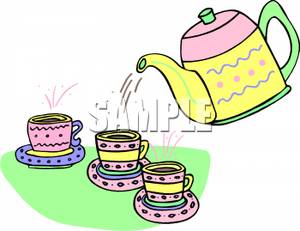 Kettle Pouring Tea For Three Cups Clipart Picture