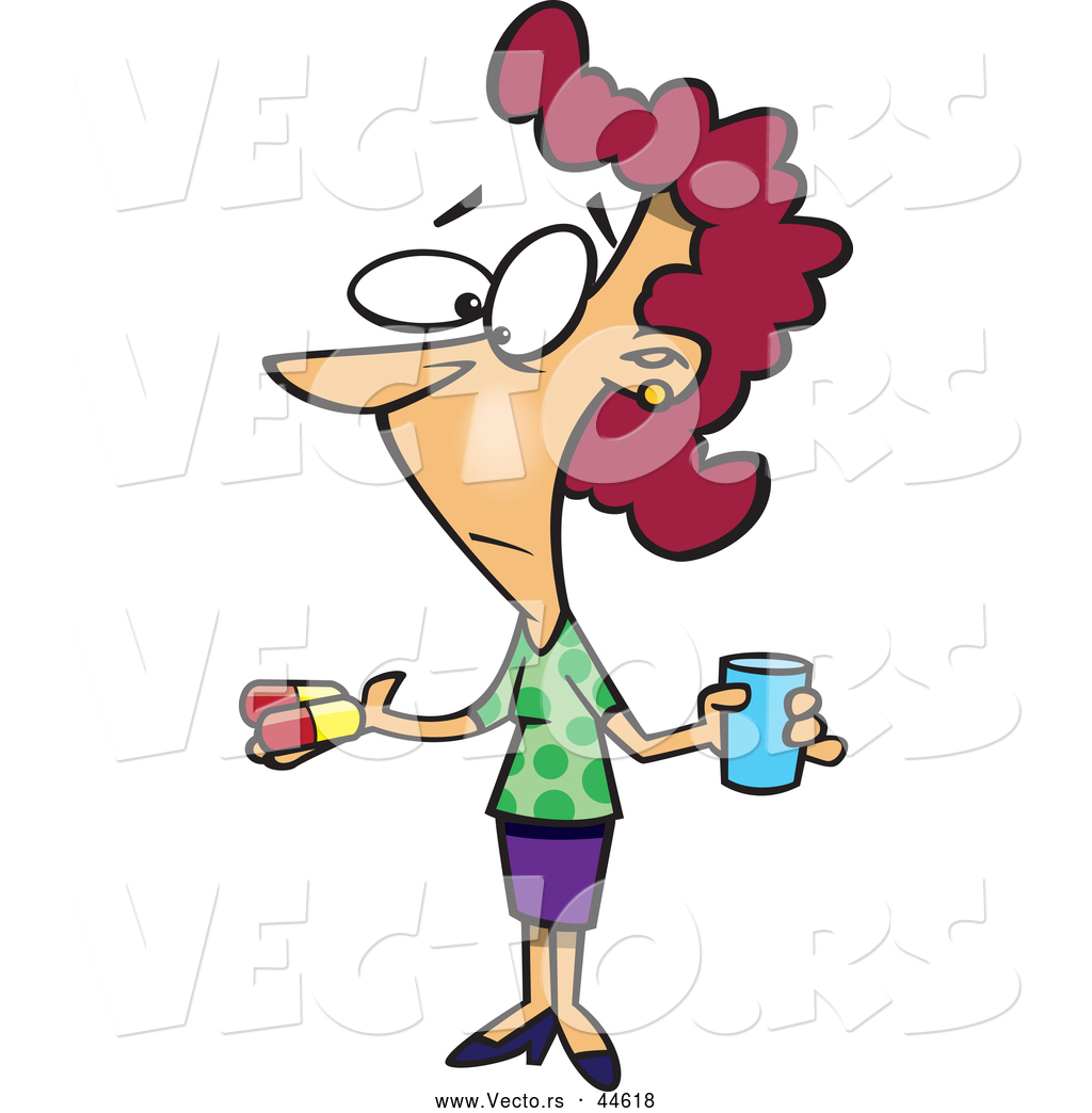 Vector Of A Cartoon Woman Holding Pills And A Glass Of Water By Ron