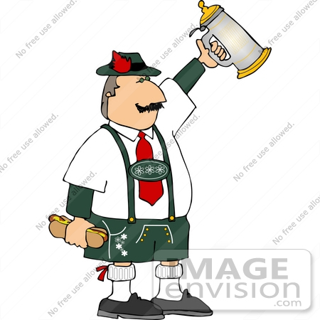 14548 German Man Holding A Sausage In A Bun And A Beer Stein Clipart
