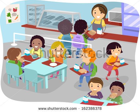 Of Kids In A Canteen Buying And Eating Lunch   Stock Vector