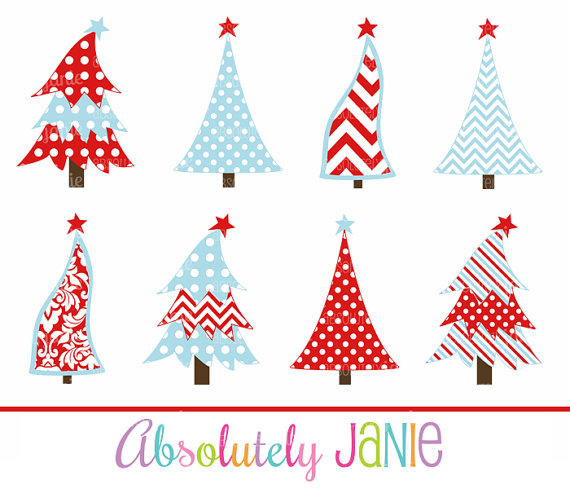 Red Blue Christmas Tree Clipart   Whimsical Holiday Digital Clip Art