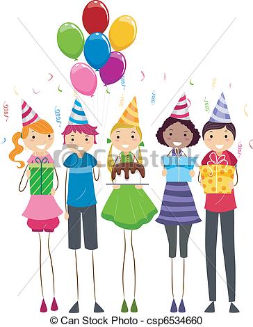 Vector Clipart Of Birthday Present   Illustration Of A Group Of Teens