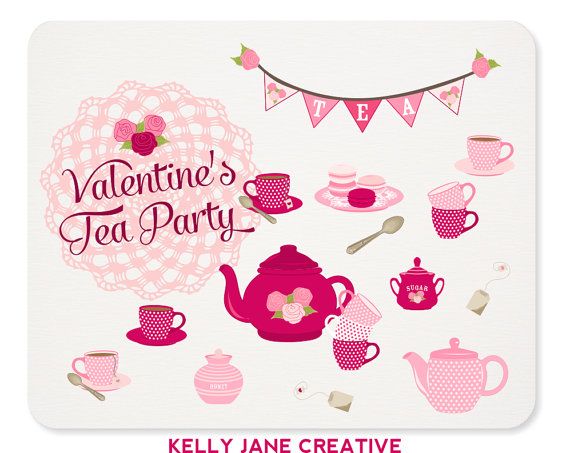 Valentine S Day Tea Party Clipart   Doily Bunting Tea Set Macarons