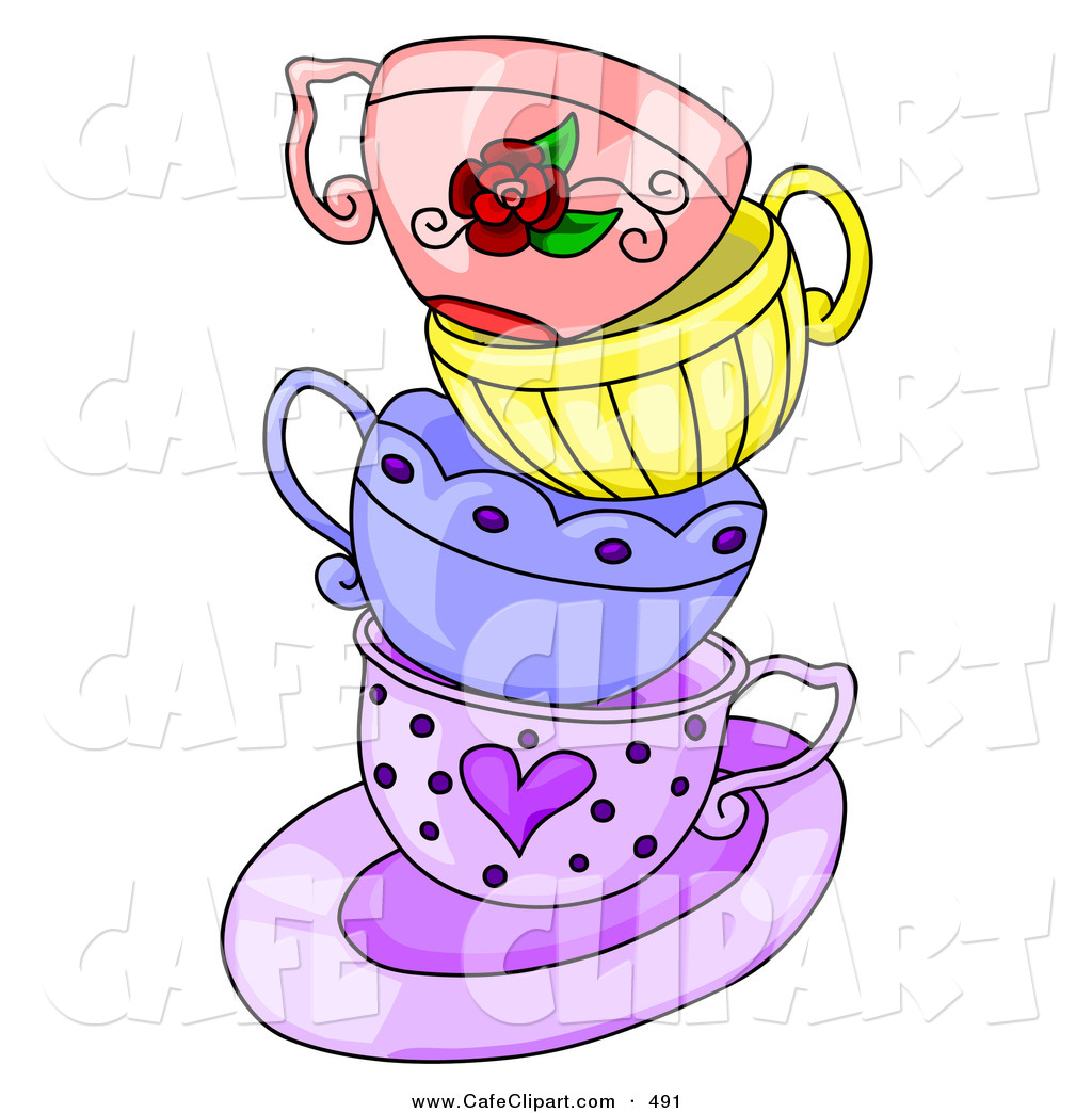 Art Of A Messy Stack Of Colorful Tea Cups On A Purple Saucer On White