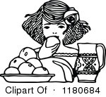 Clipart Of A Retro Vintage Black And White Girl Eating Fruit Royalty
