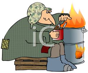 Homeless Man Eating A Can Of Pork And Beans   Royalty Free Clipart