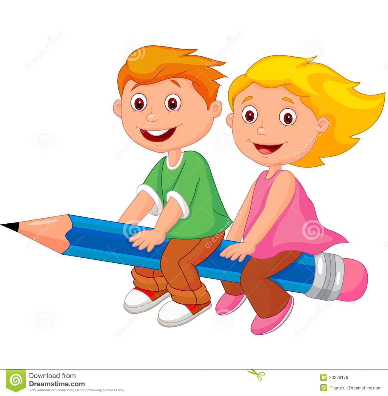 Cartoon Boy And Girl Flying On A Pencil Royalty Free Stock Images