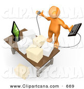 Orange Employee Sitting At A Wooden Desk And Using A Laptop While
