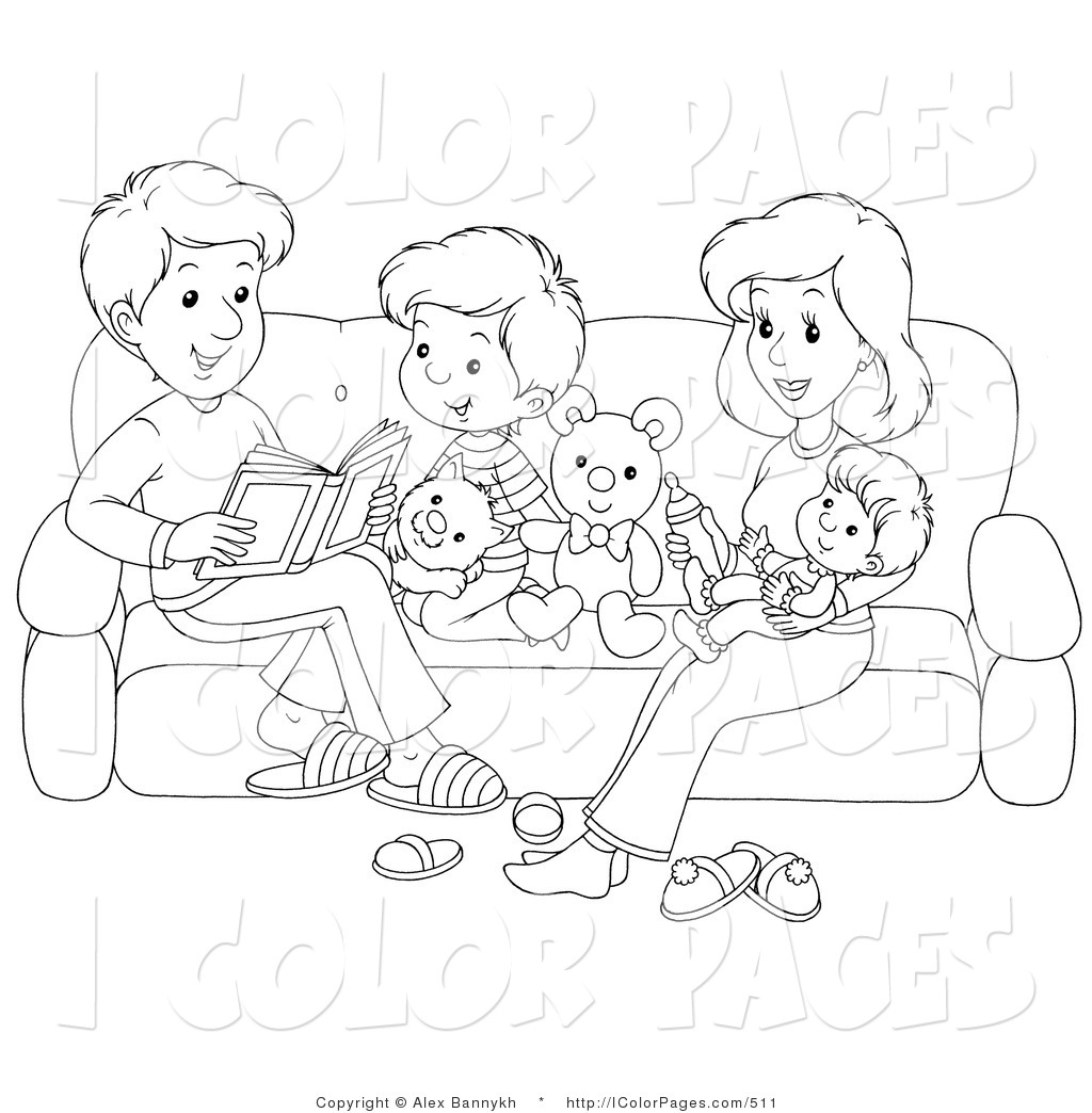 Black And White Coloring Page Of A Happy Family Reading On A Couch
