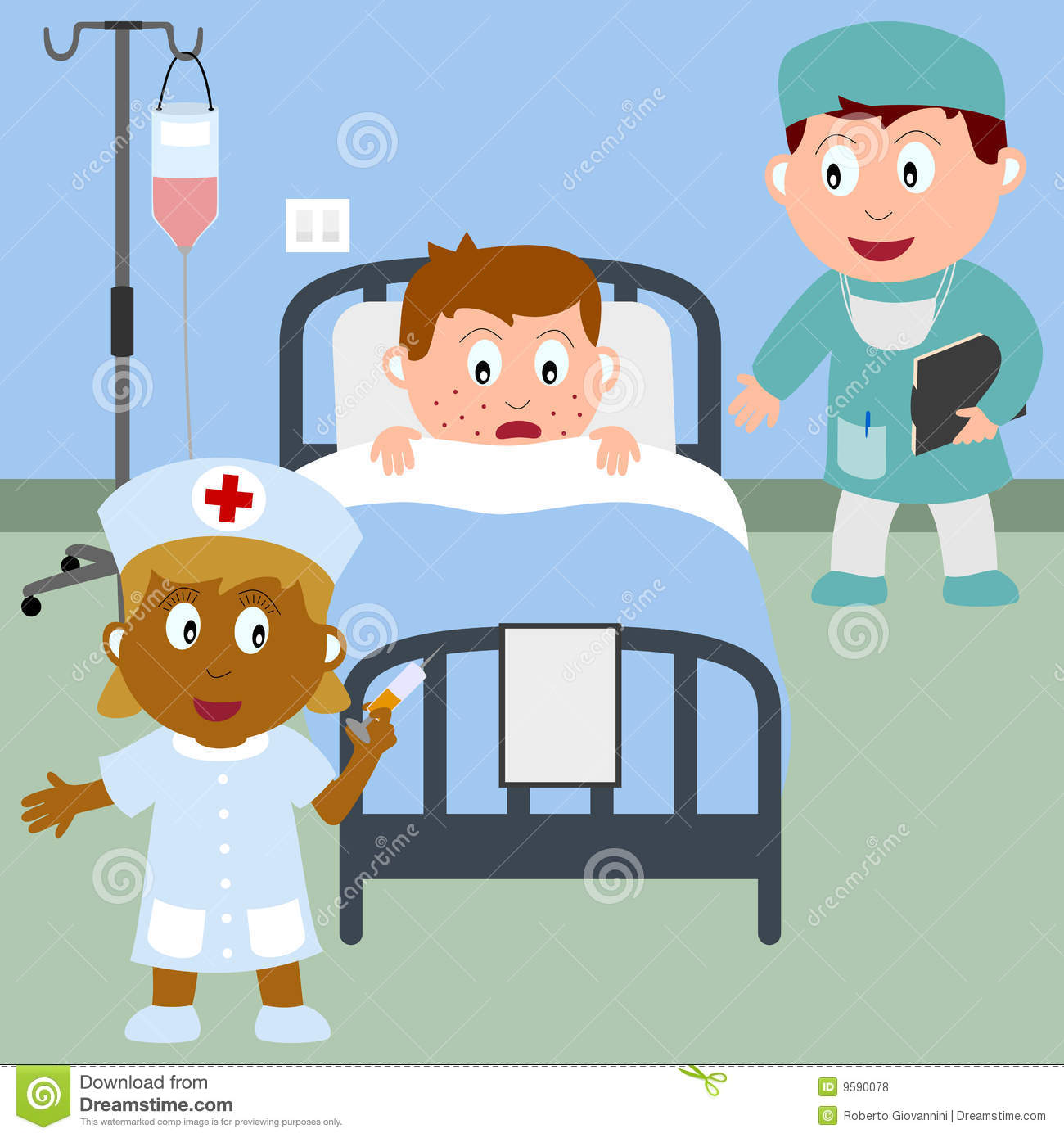 Sick Boy In A Hospital Bed With A Doctor Holding The Medical Record