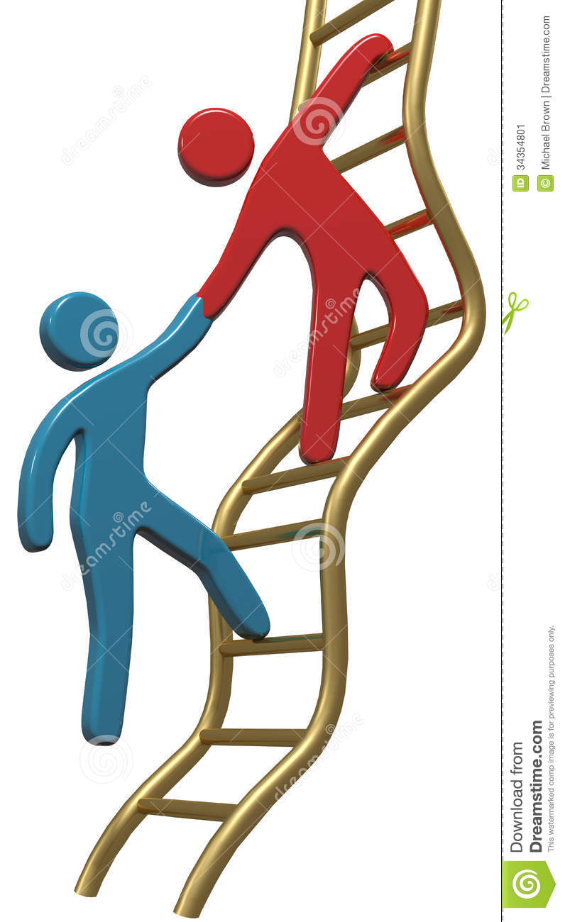Person Helping Friend Or Partner Join To Climb Up The Golden Ladder Of