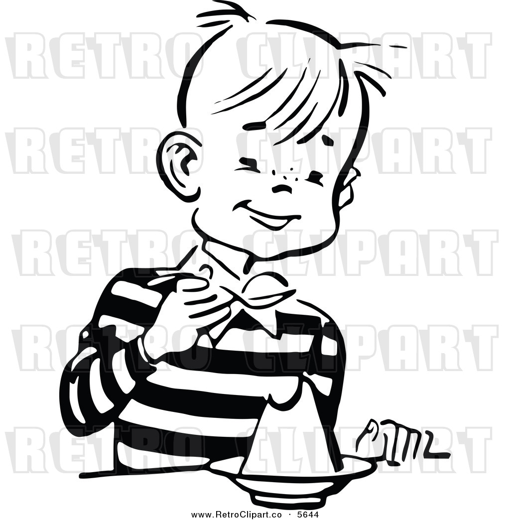 Vector Clipart Of A Retro Black And White Boy Eating Gelatin Dessert