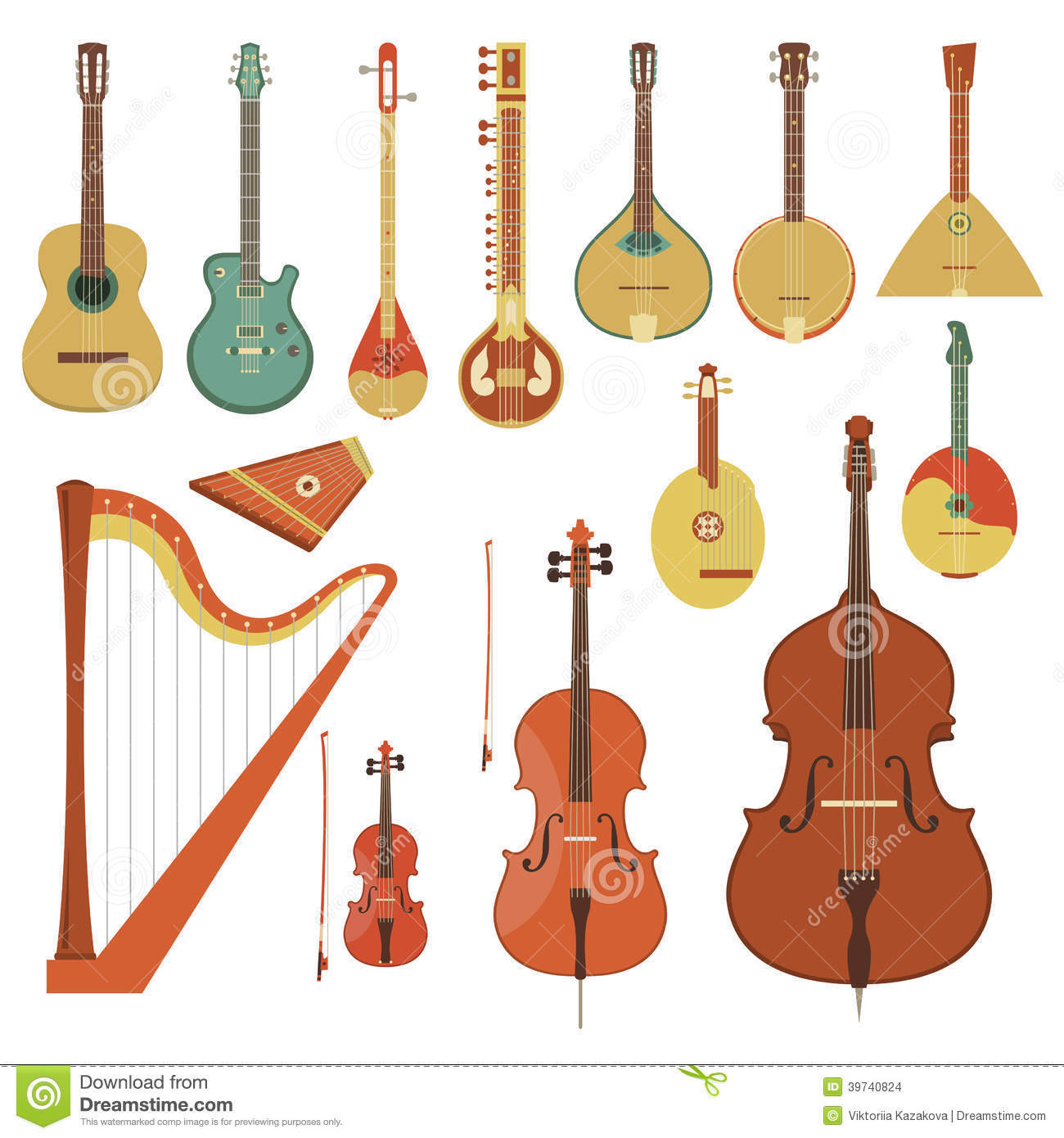 Set Of Various String Musical Instruments In The Flat Style
