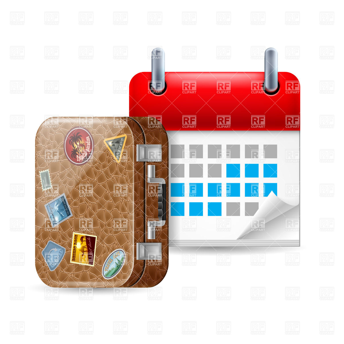 Vacation Icon With Calendar And Leather Suitcase With Stickers Vector