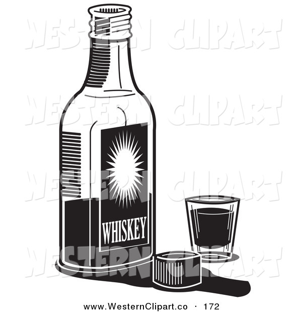 Art Of A Black And White Bottle Of Whiskey By A Shot Glass In A Bar