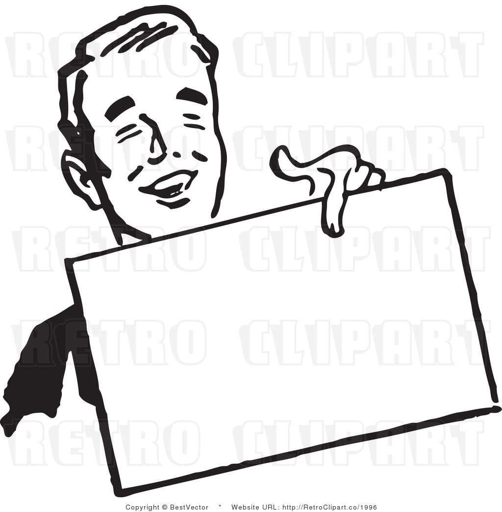 Black And White Retro Vector Clip Art Of A Guy Holding A Blank Sign