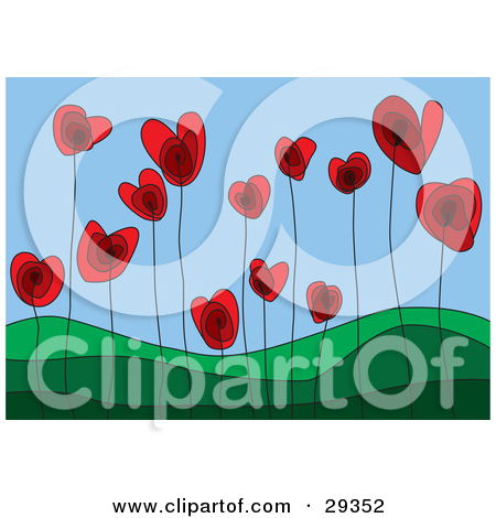 Red Heart Flowers Growing In A Green Hilly Landscape Symboli