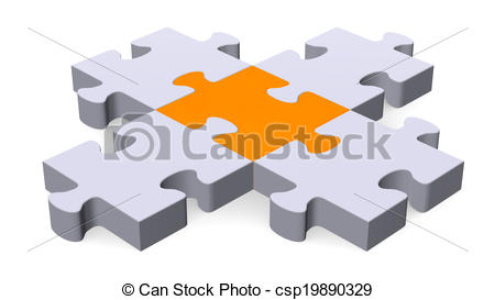 3d Grey Puzzle Forming Intersection Isolated On White Orange Center