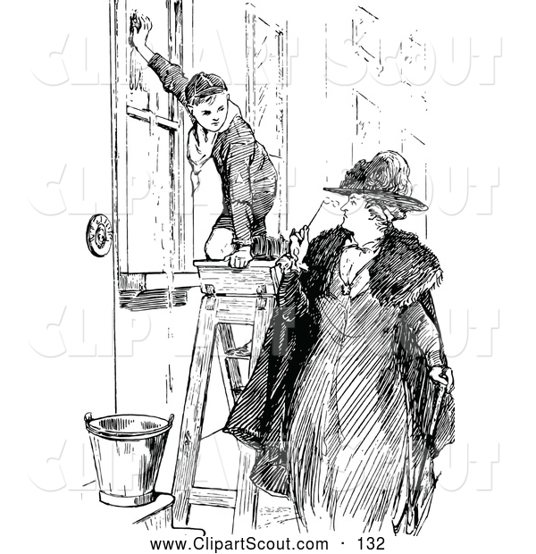 Clipart Of A Black And White Woman Looking At A Boy Scout Washing
